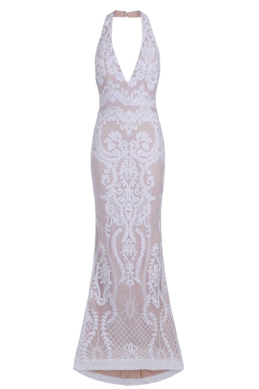 Flora White Luxe Deep Plunge Tie Side Floral Lace Sequin Embellished Maxi  Dress by Nazz Collection