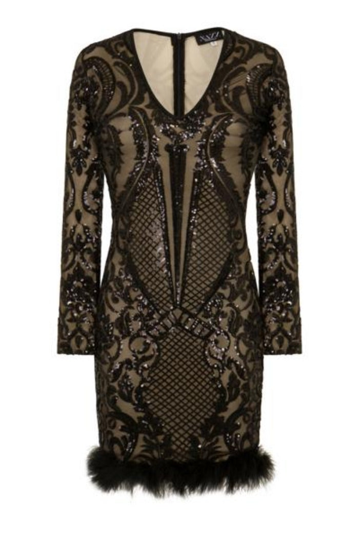 Miss Selfridge Premium embellished long sleeve floral mini dress with  tassel detail in black