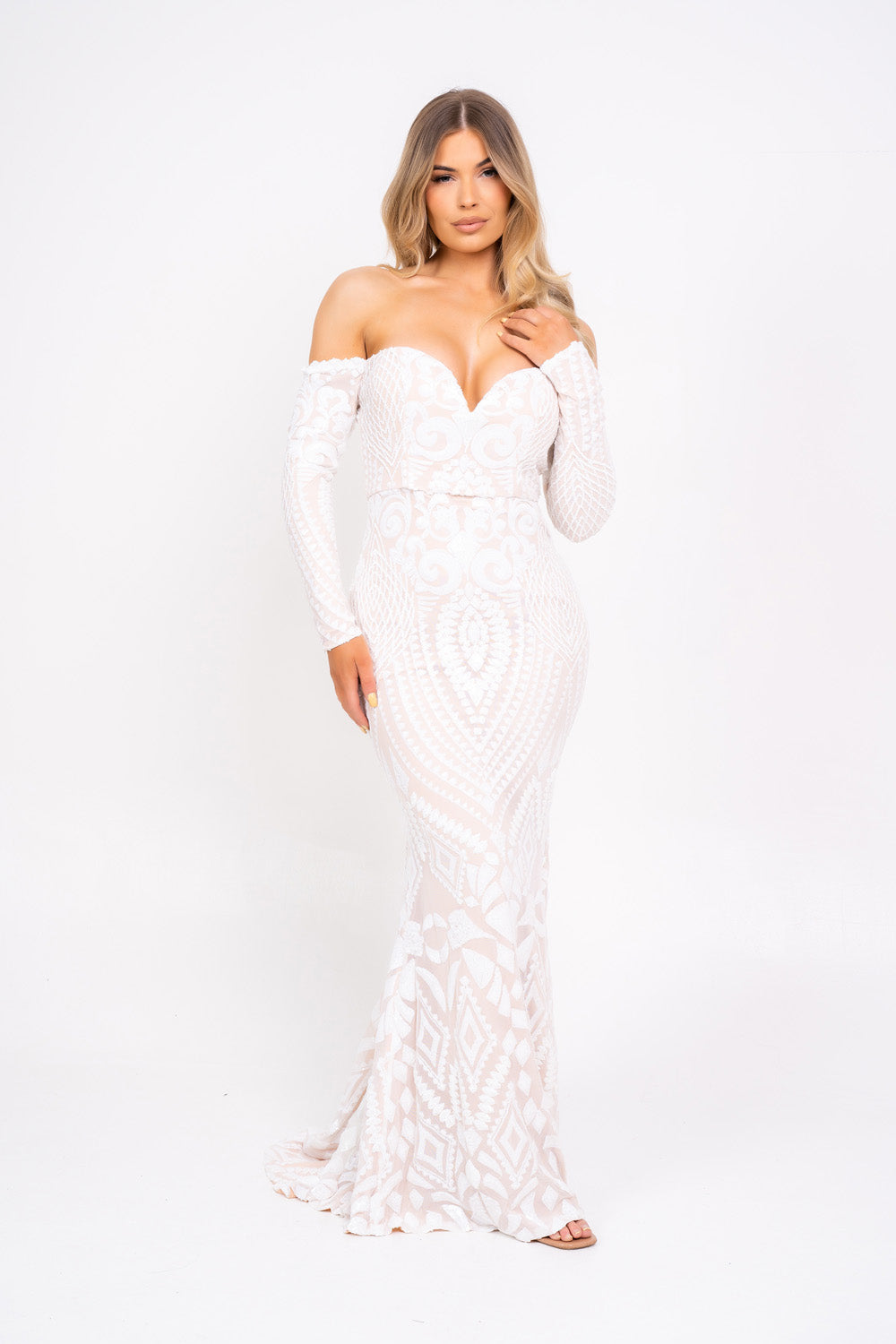 Pure Desire White Plunge Floral Sequin Double Thigh Slit Maxi