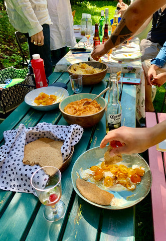 Serve your baked flatbread on the BBQ warm with dips and salads