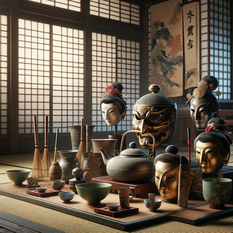 traditional Japanese arts and crafts from the Shogunate period, including tea ceremony utensils and Noh masks