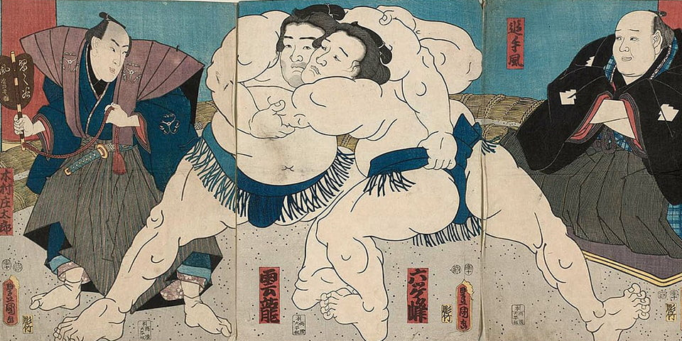 Old engraving which shows a sumo fight