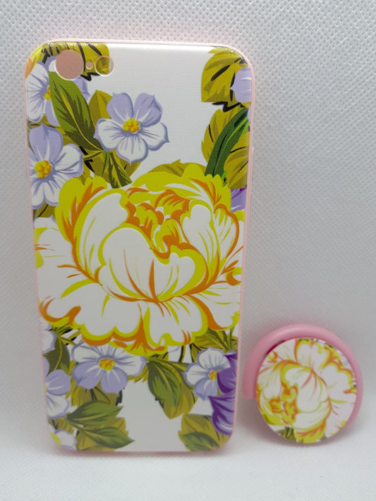iPhone 6/ 6s hoesje geel bloemen print met pophouder socket vinger achterkant backcover case
