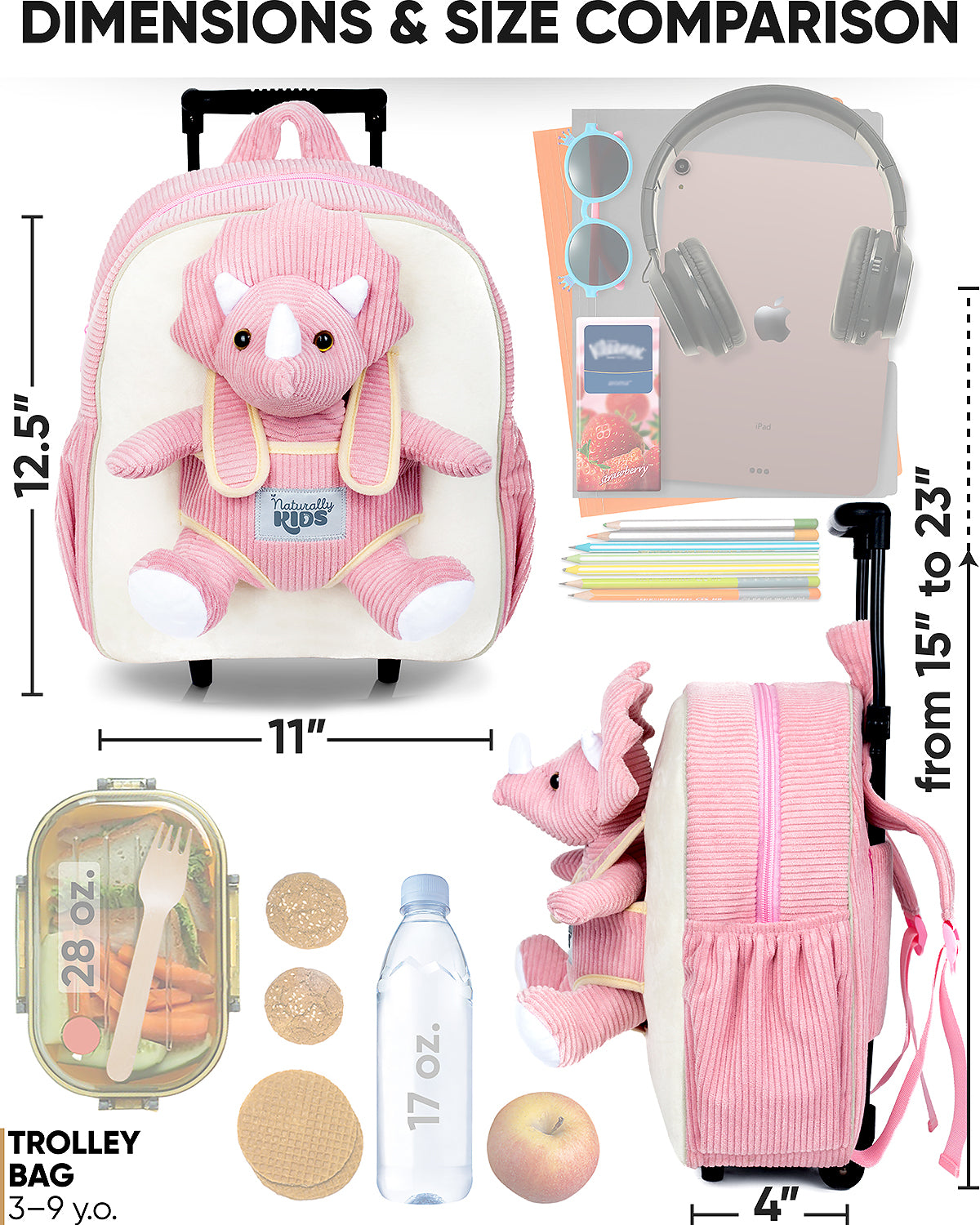 Kids' Dinosaur Backpack & Pink T-Rex Plush Toy — Rolling Bag