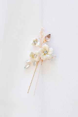 Floral bridal hair pins, Florelle - Creamy blossom hair pin set of 2 -  Style #925