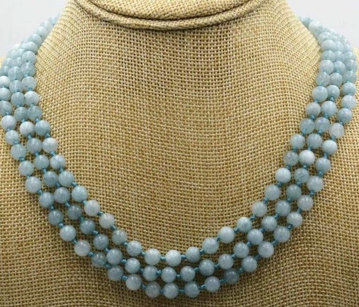 Gorgeous Blue Aquamarine Gemstones, Triple-Strand, Double-Knotted Statement Necklace