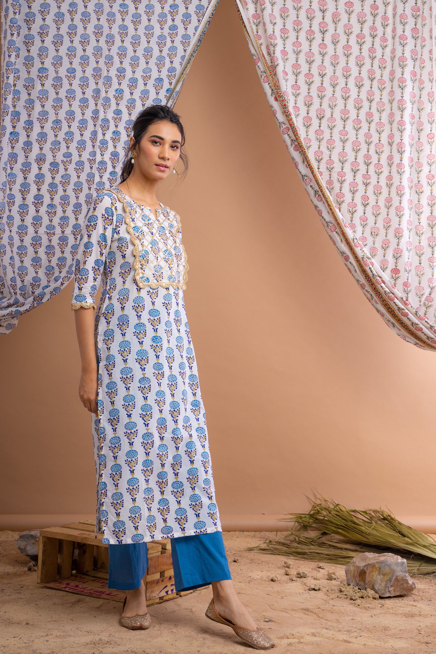 White Hand Block Printed Cotton Kurta With Blue Palazzo And Gota Mulmu Itraake