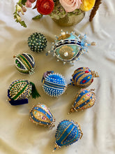 Load image into Gallery viewer, Collection of 9 Vintage Push Pin Ornaments - Blue and Gold
