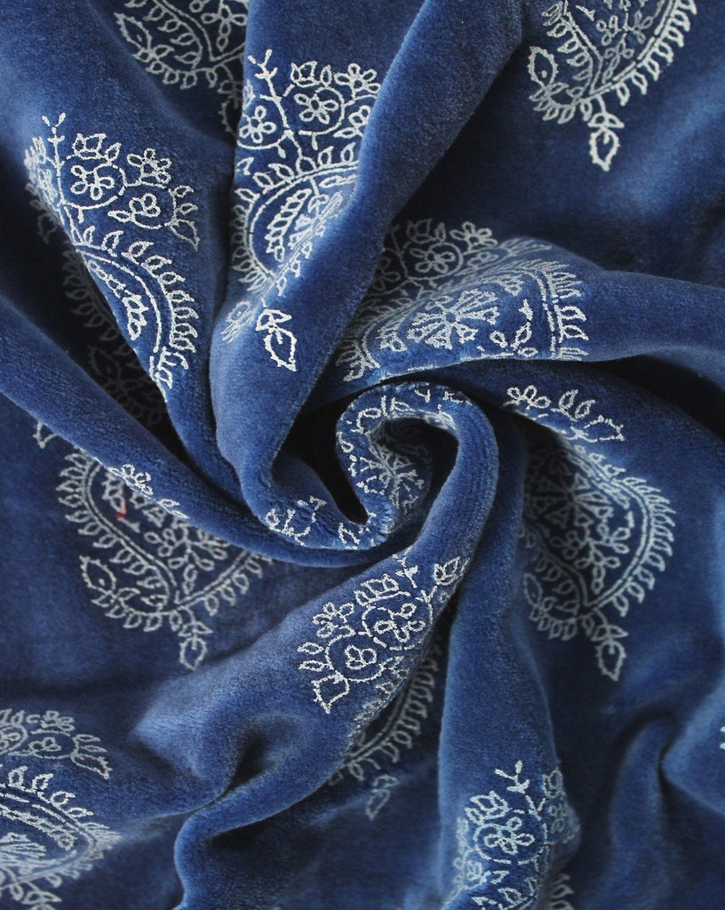 Blue And White Paisley Block Print Polyester Velvet Fabric