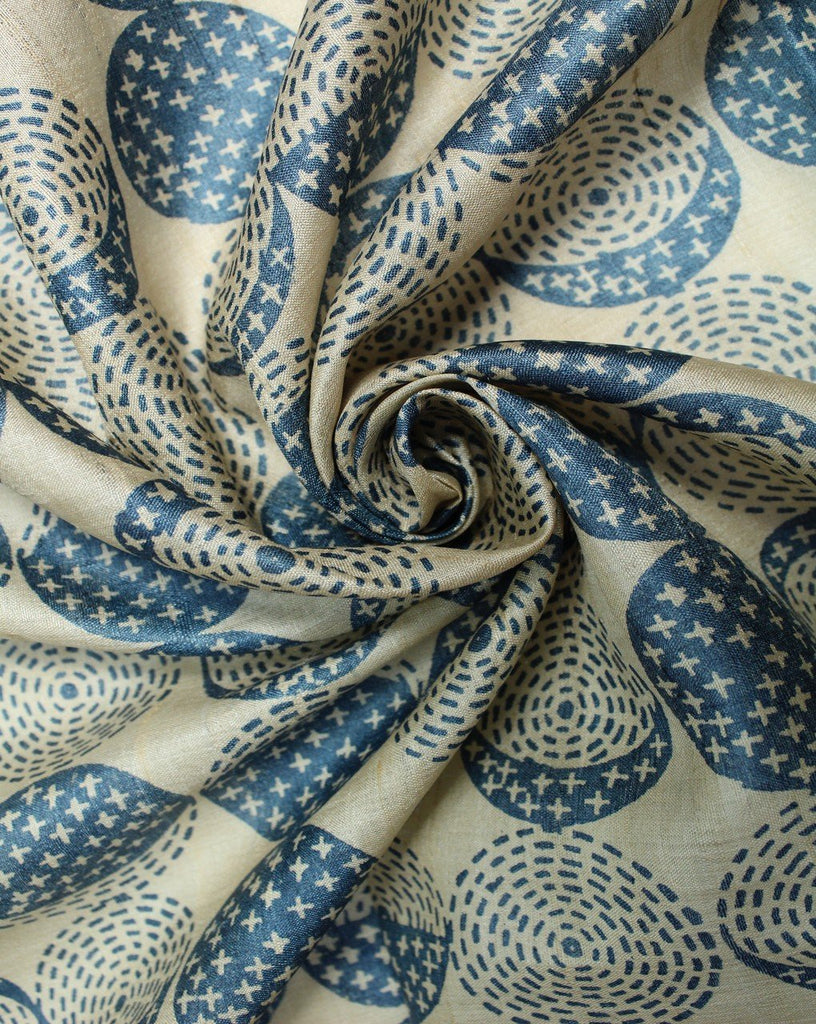 Cream And Blue Abstract Design Tussar Silk Fabric