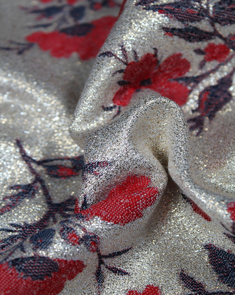 Golden And Red Floral Design Polyester Jacquard Fabric