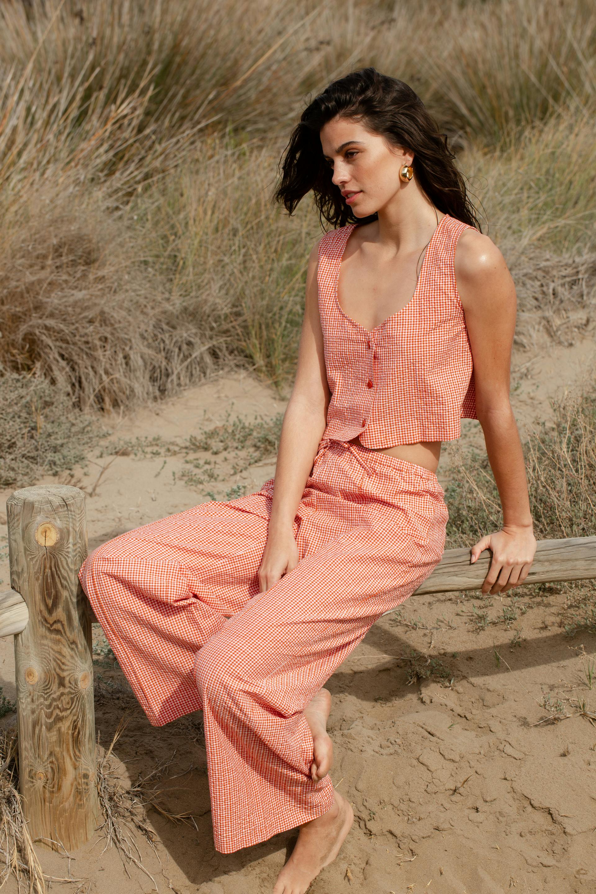 Crop top Pantalon Sur le port Vichy orange