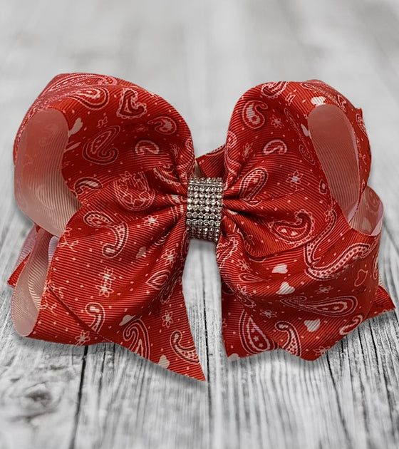 PAISLEY PRINT HAIR BOWS WITH RHINESTONES 7.5IN WIDE 4PCS/$10.00 BW-DSG-356