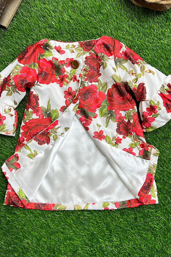 2 BUTTON FLORAL PRINTED COAT WITH RUFFLE SLEEVE & SATIN LINING INSIDE. B-DLH2603K-SOL