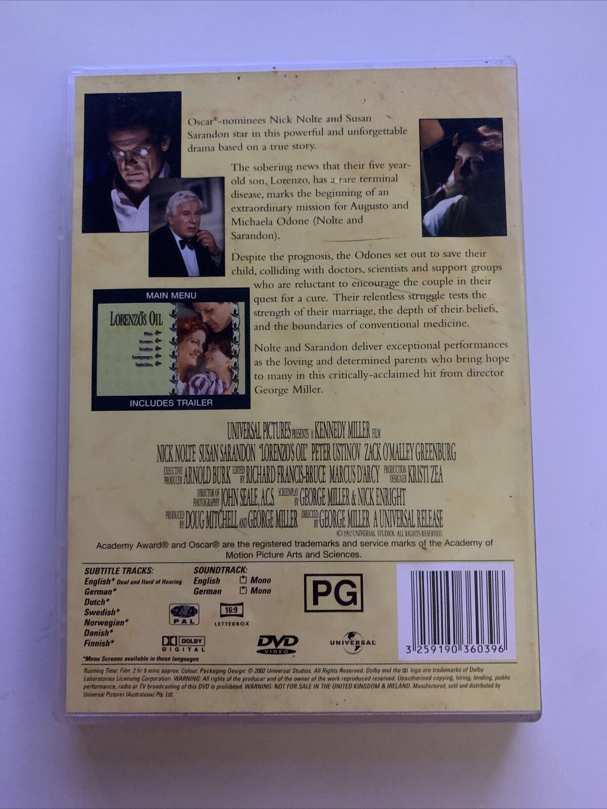 Lorenzo's Oil (DVD, 1992) Nick Nolte, Susan Sarandon, Peter Ustinov. R ...