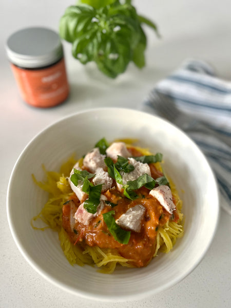 One Pan Spaghetti Squash with Roasted Veggie Sauce Recipe