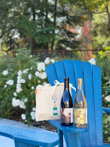 a tote with floral embroidery sits on a blue picnic chair with two bottles of wine