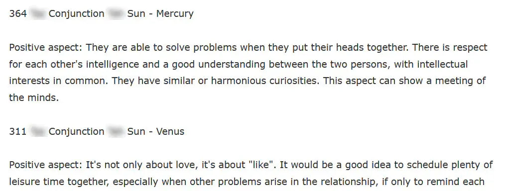 Sample result of the Love Compatibility Report between two people based on the chart above: