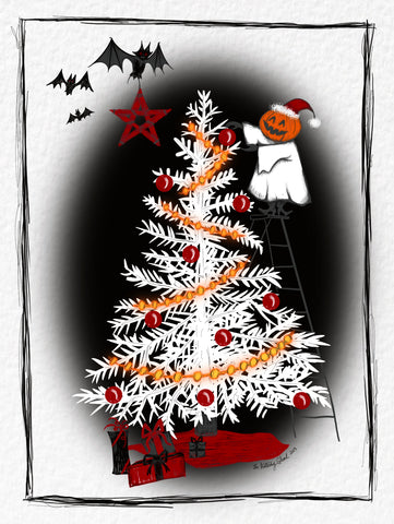 A little ghost with a pumpkin head decorates a large white xmas tree with red ornaments and orange lights, and four little presents at its base. 3 bats are flying into view holding a red star tree topper