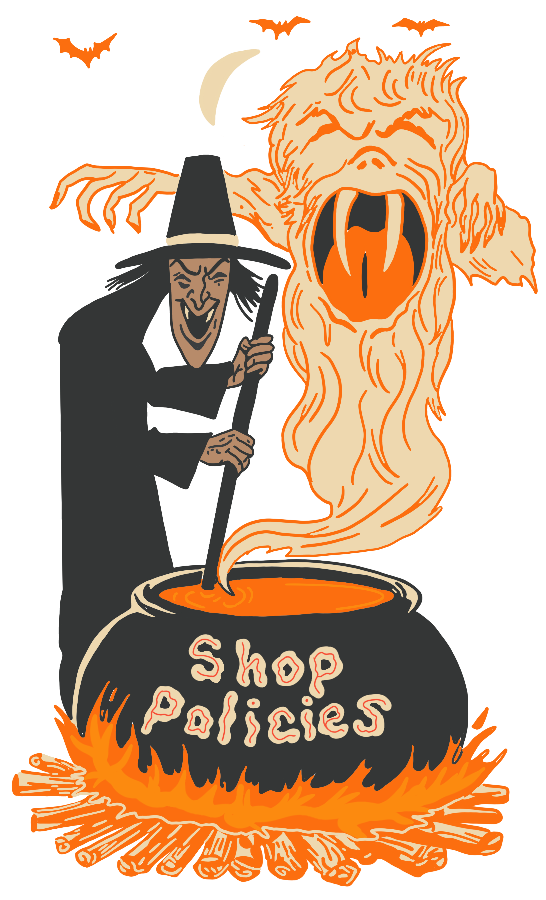 witch stirring cauldron reading "Shop Policies" as ghost flies out