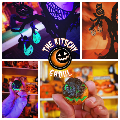 four images in with logo and shop name in center; top left glow in the dark drop earring, top right same earrings in normal lighting. Bottom left glow in the dark view of gnarly pumpkin pin, and bottom right same pin in normal lighting