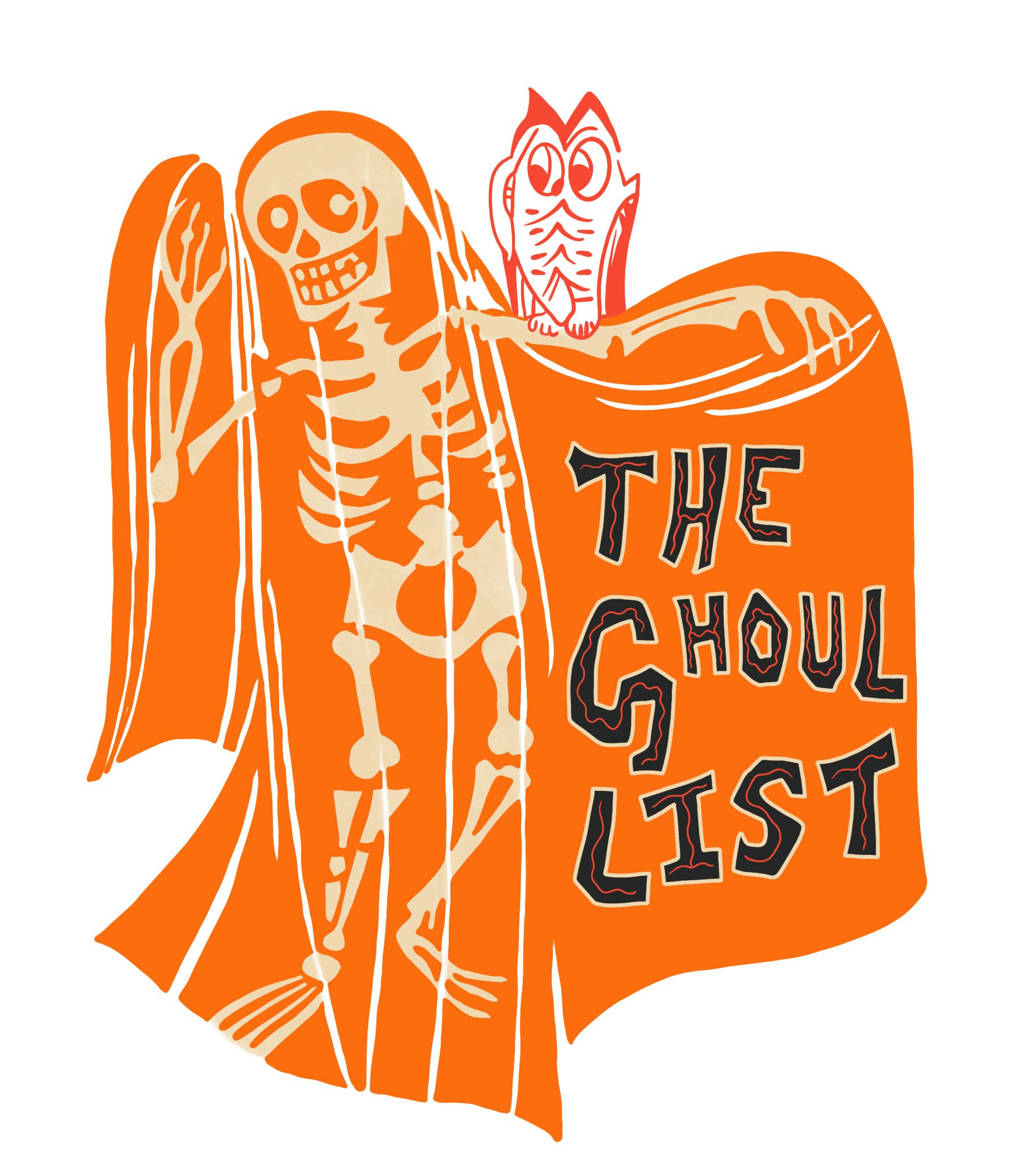 Cloaked skeleton with owl. Cloak reads "The Ghoul List"