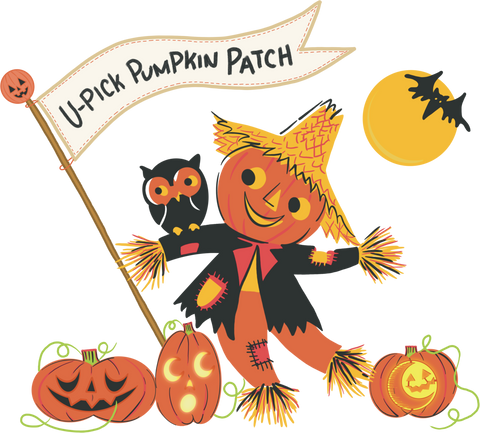 Scarecrow with an owl on its shoulder among carved and glowing pumpkins and a banner that reads U-Pick Pumpkin Patch