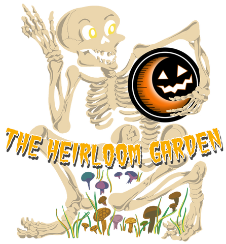 Vector image of skeleton among mushrooms holding logo. Text reads: The Heirloom Garden: 