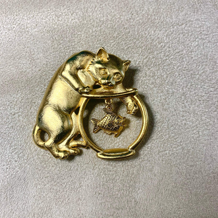 Kittie Aviator Sky Pilot Meow Goldtone Cat Euc, Brooches