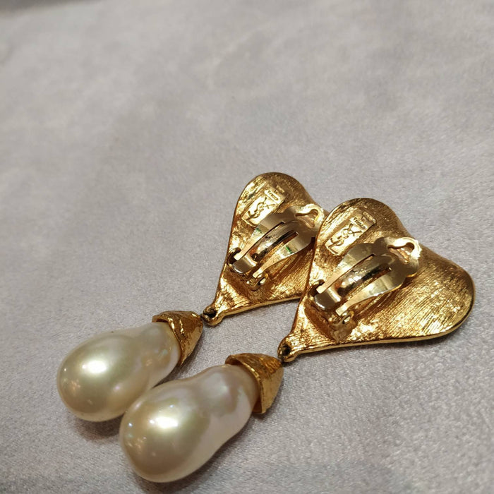YSL gold pearl drop clip on earring