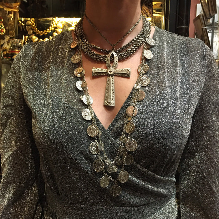 Coin necklace multi silver tone strand - The Hirst Collection