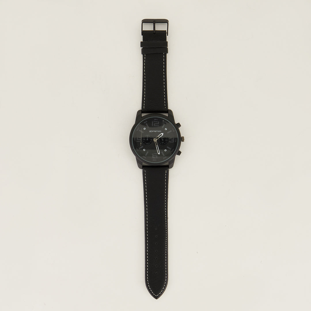 Zaff Black Pu Watch.Matte Black Bezel.Charcoal Laser Cut Indices. - Fashion Fusion 199.99 Fashion Fusion