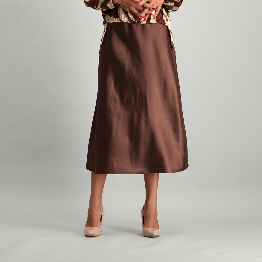 CHOCOLATE PLAIN  SATIN SKIRT - Fashion Fusion 149.99 Fashion Fusion