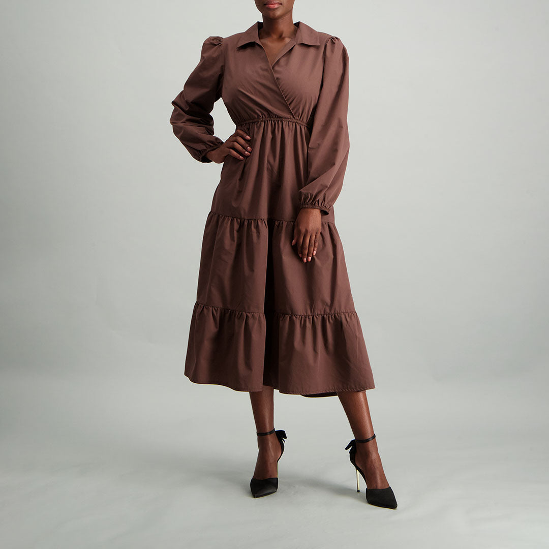 CHOCOLATE LONG SLEEVE WRAPE TIRED DRESS - Fashion Fusion 329.99 Fashion Fusion