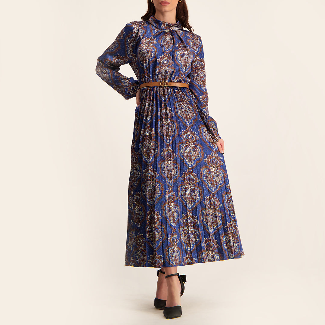 BLUE PRINTED SATIN COLW NECK  PLEATED DRESS - Fashion Fusion 349.99 Fashion Fusion