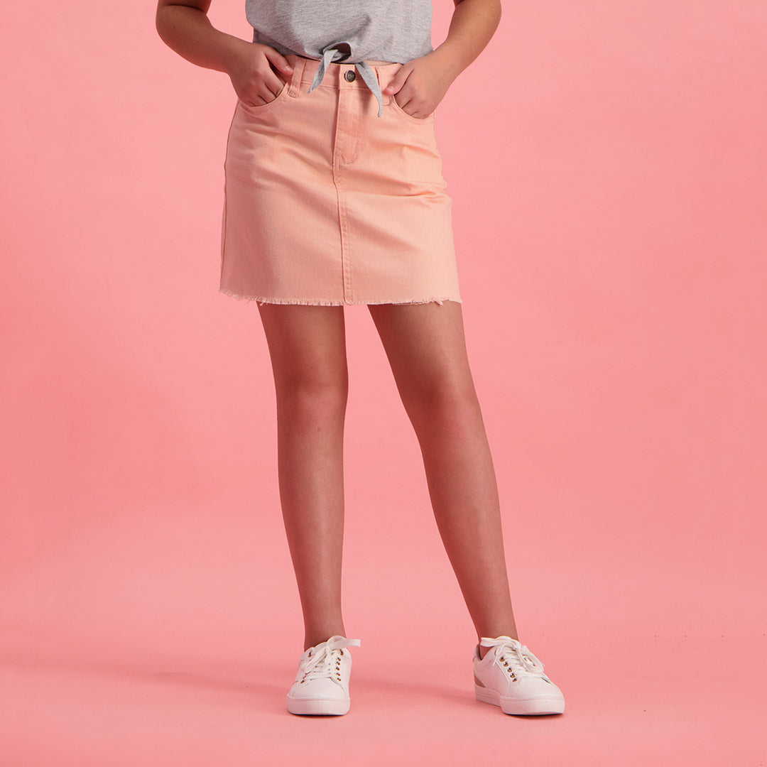 Blush Pink Denim Skirt With Raw Hemline With 5Pocket Detail - Fashion Fusion 99.00 Fashion Fusion