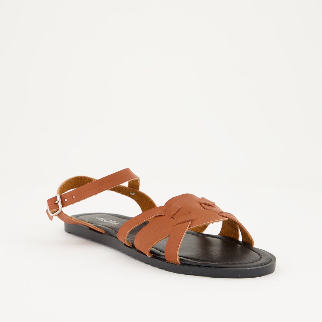 LADIES ALORA TAN  SANDAL WITH BUCKLE AND WEAVE DETAIL - Fashion Fusion 79.00 Fashion Fusion