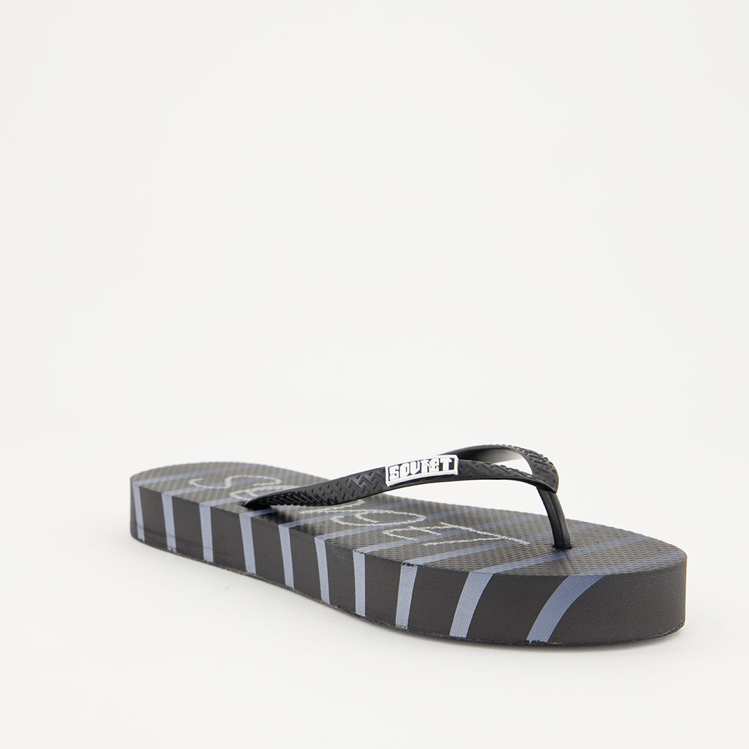 LADIES SOVIET BLACK/GREY FLIP FLOP WITH STRIPE PRINT AND GLITTER BRAND DETAIL - Fashion Fusion 69.00 Fashion Fusion