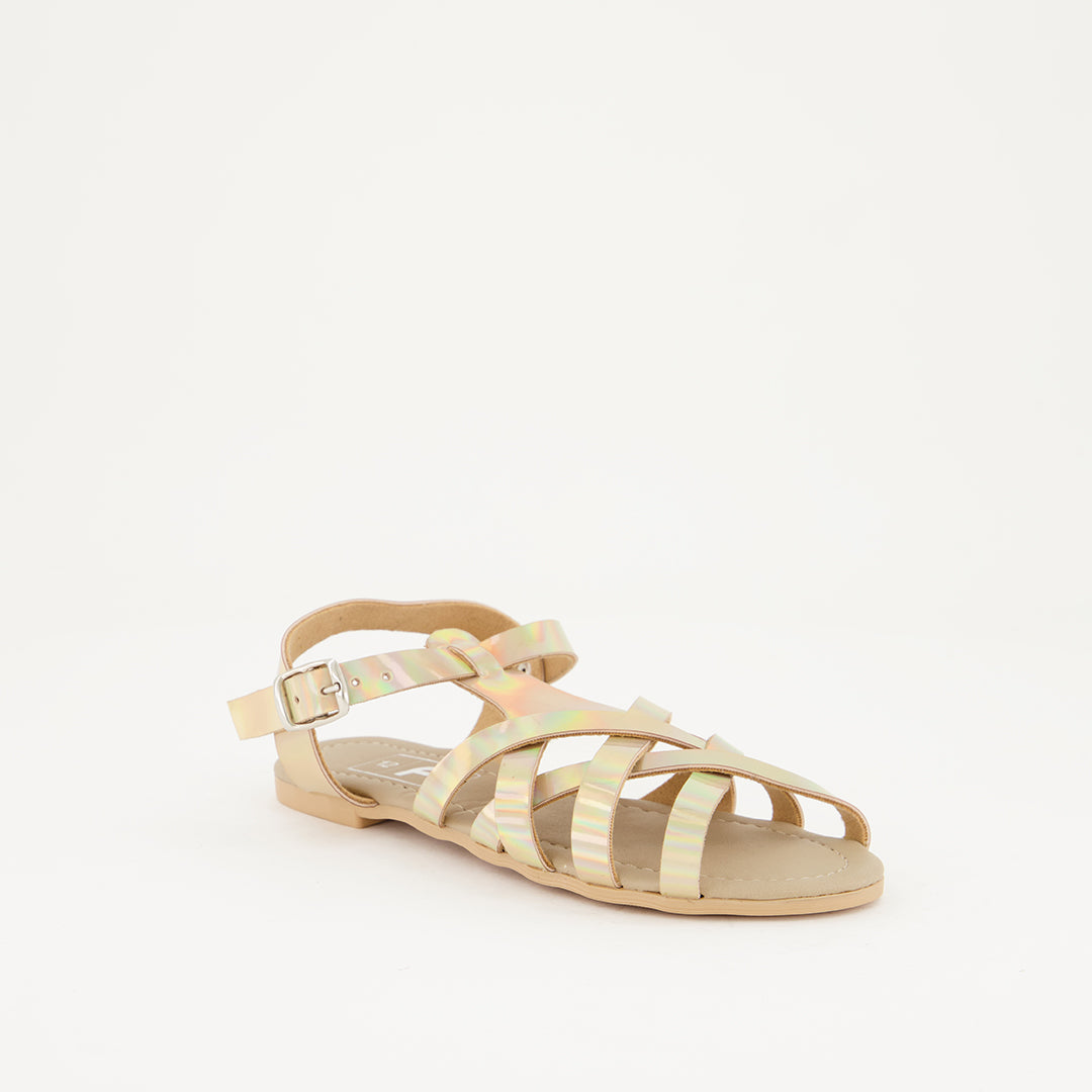 GIRLS ALORA GOLD METALLIC CROSSOVER STRAPPY SANDAL WITH BUCKLE DETAIL AND RAINBOW REFLECTIVE DETAI - Fashion Fusion 29.00 Fashion Fusion