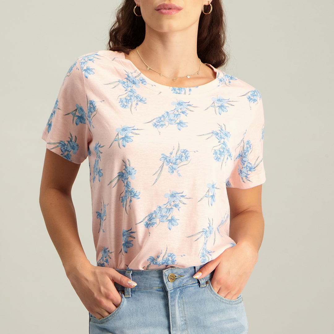 LADIES REALBASICS PINK SHORT SLEEVE T-SHIRT WITH BLUE FLORAL PRINT - Fashion Fusion 49.00 Fashion Fusion