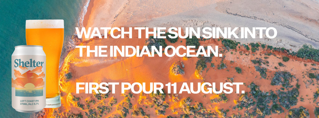 Left Coast IPA can and paint image laid over a drone photo of the WA coastline and the text "Watch the sun sink into the Indian Ocean. First pour 11 august"
