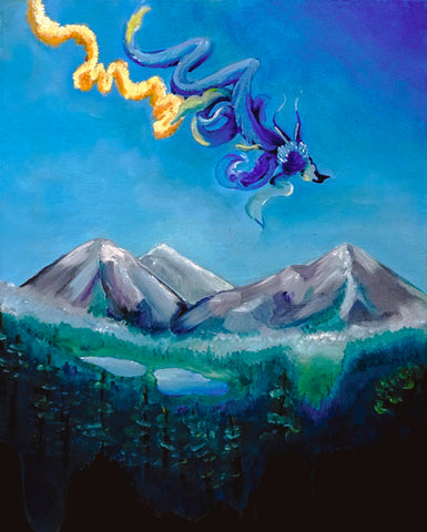 A blue and yellow orb with long tails files over a mountain top with the pines below.