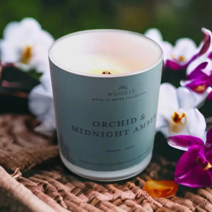 Orchid & Midnight Amber- 12oz | Wooden Wick Soy Candle with Wood Lid - Woodsy Home Life