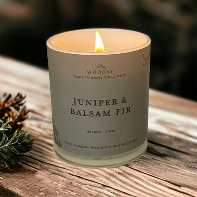 Juniper & Balsam Spruce, 12oz Golden Lid Wooden Wick Candle, Woodsy Home  Life