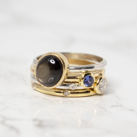 Sapphire and diamond stacking gold rings