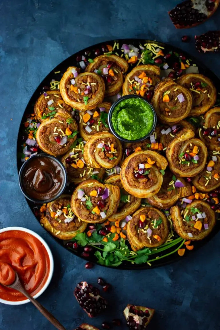 Baked Dabeli/Samosa Pinwheels made using our Kashmiri Red Chili Powder, Kala Namak, and Organic Tamarind Paste.