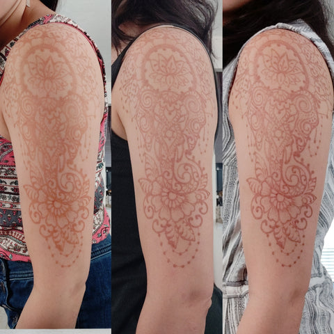 Henna tattoo made with pure henna powder for skin, showing results after day 1, day 3 and day 5