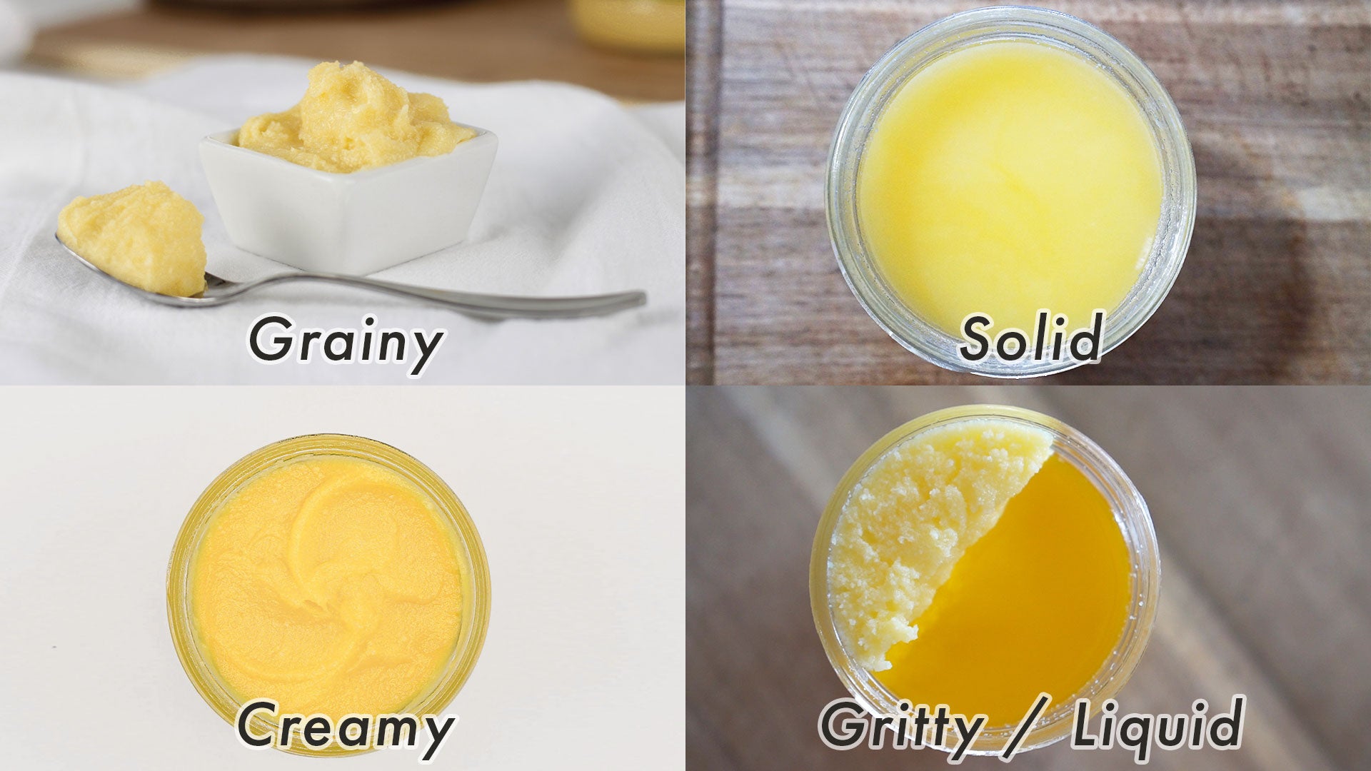 Different ghee textures. Grainy, solid, creamy, and mixed