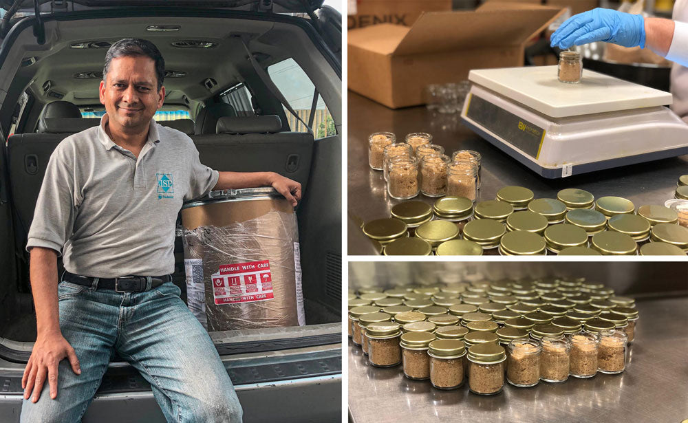 Sandeep with our first shipment of asafetida hing. Small batches of it being bottled by hand.