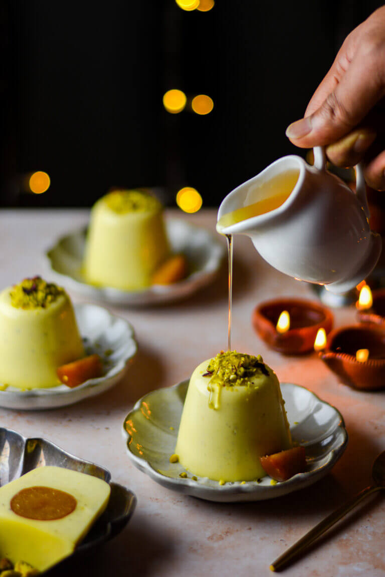 Saffron Cardamom Panna Cotta with Gulab Jamun